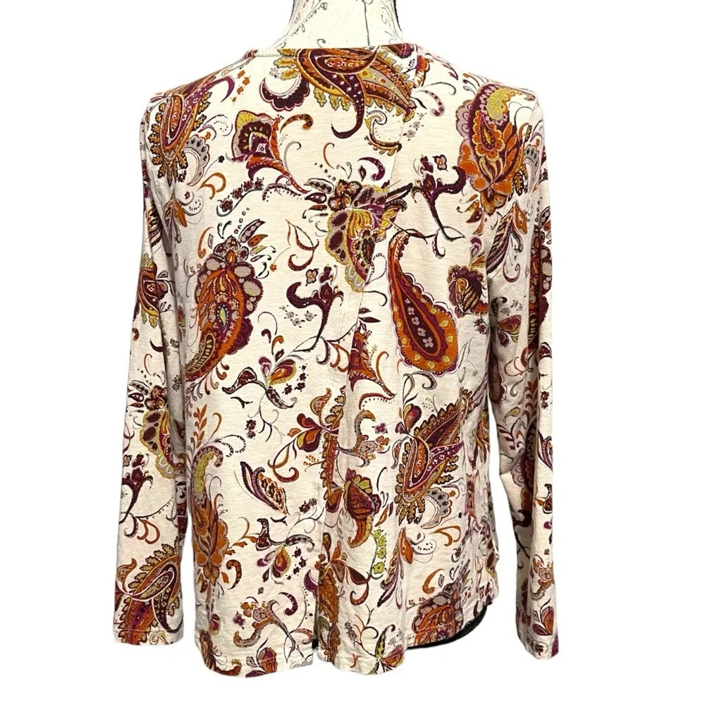 J. Jill Women Top M Petite Cream Paisley Long Sleeve Knit Tulip Back Boho Earthy - Picture 2 of 8
